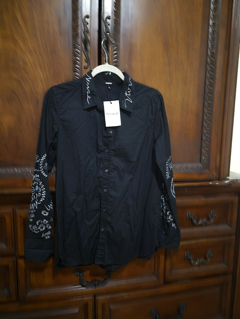 Desigual Black Button-Up Blouse with White Script Accents